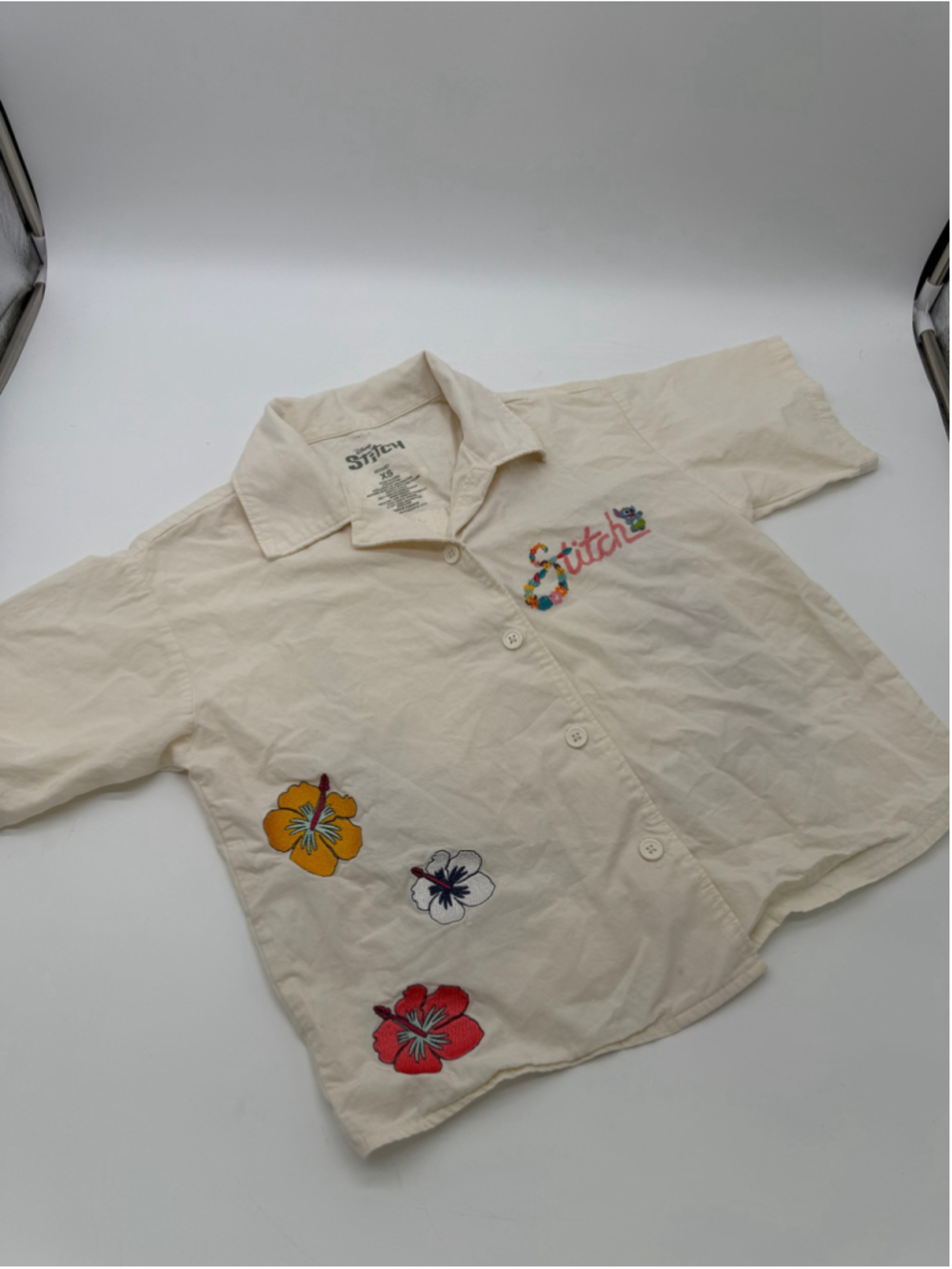 Girls Disney Stitch Button Down Shirt XS Beige Floral Embroidered